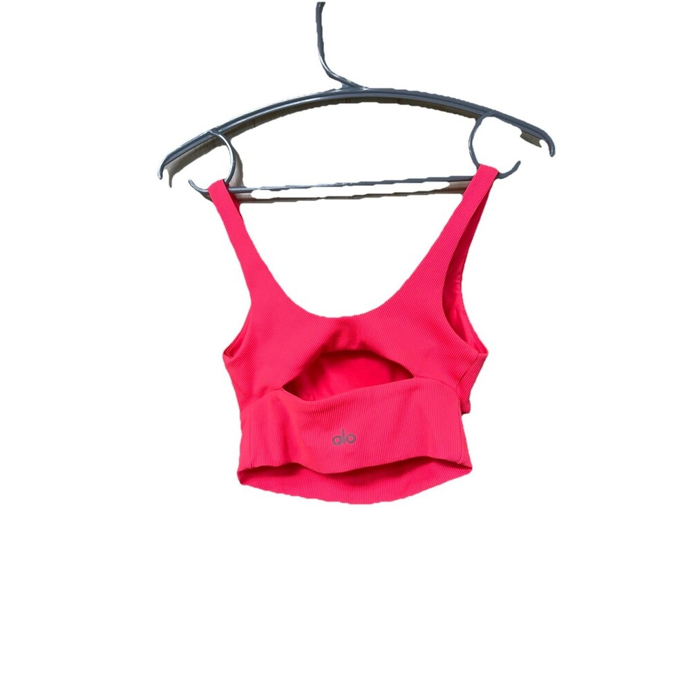 Alo Ribbed Slit Bra Fluorescent Pink Coral Small - Picture 3 of 6